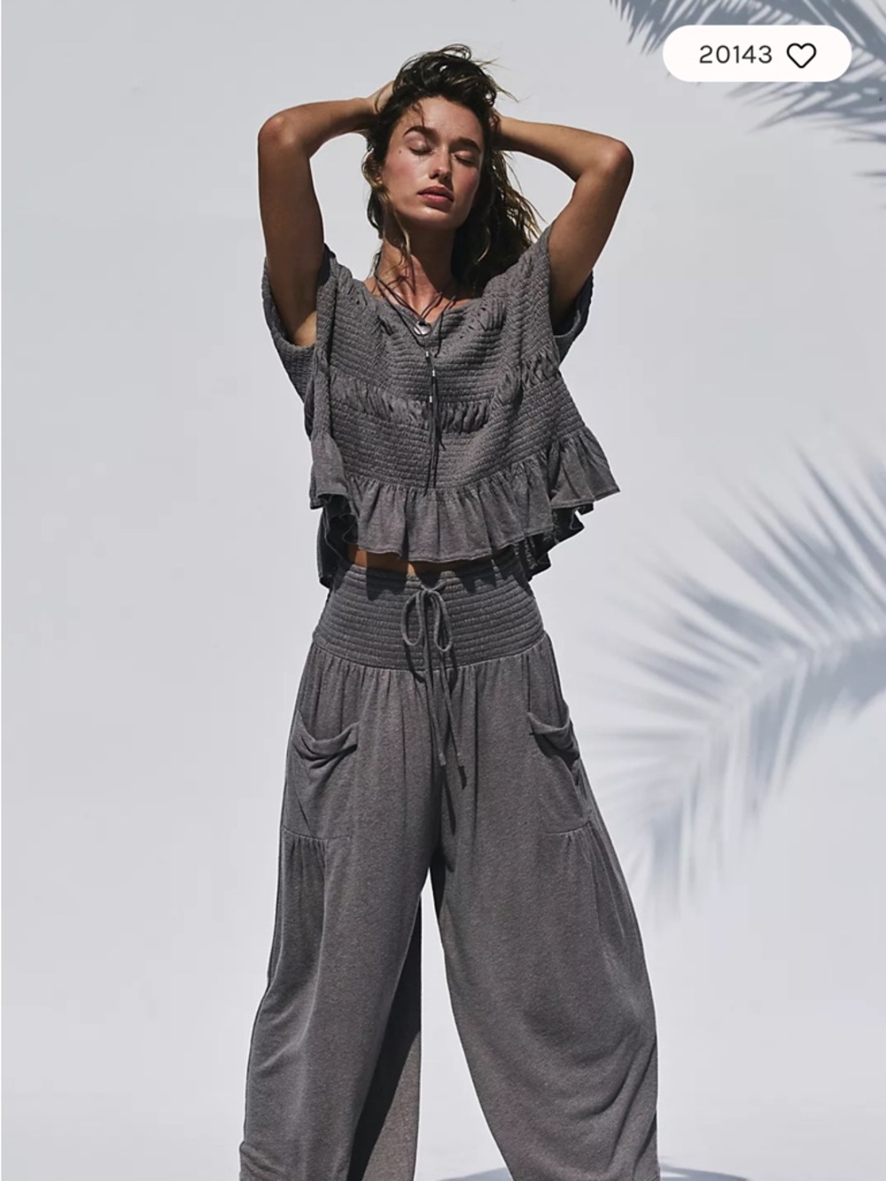 Free People Gray Smocked Wide-Leg Two-Piece Set